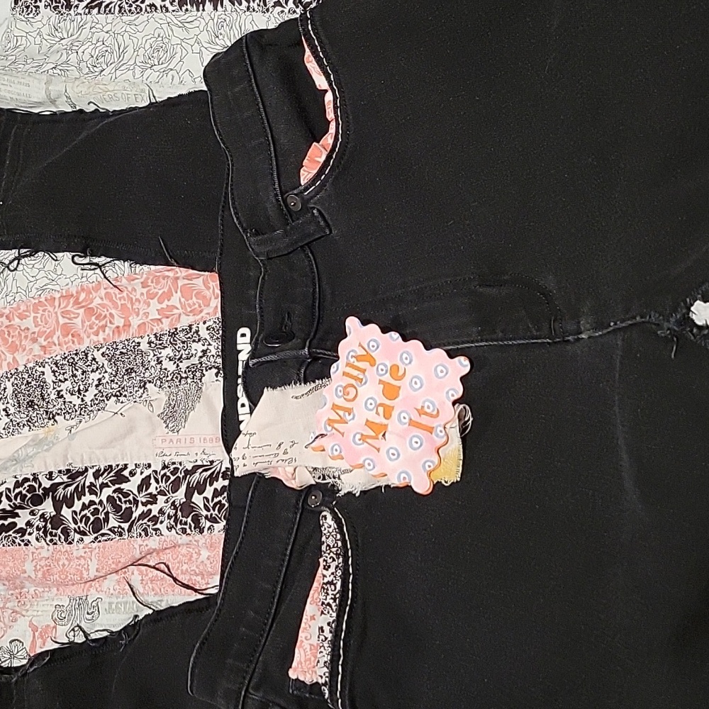 HAND CRAFTED Maxi Skirt UPCYCLED Black Denim Floral Pink Black Prints Size 12 - Picture 5 of 16